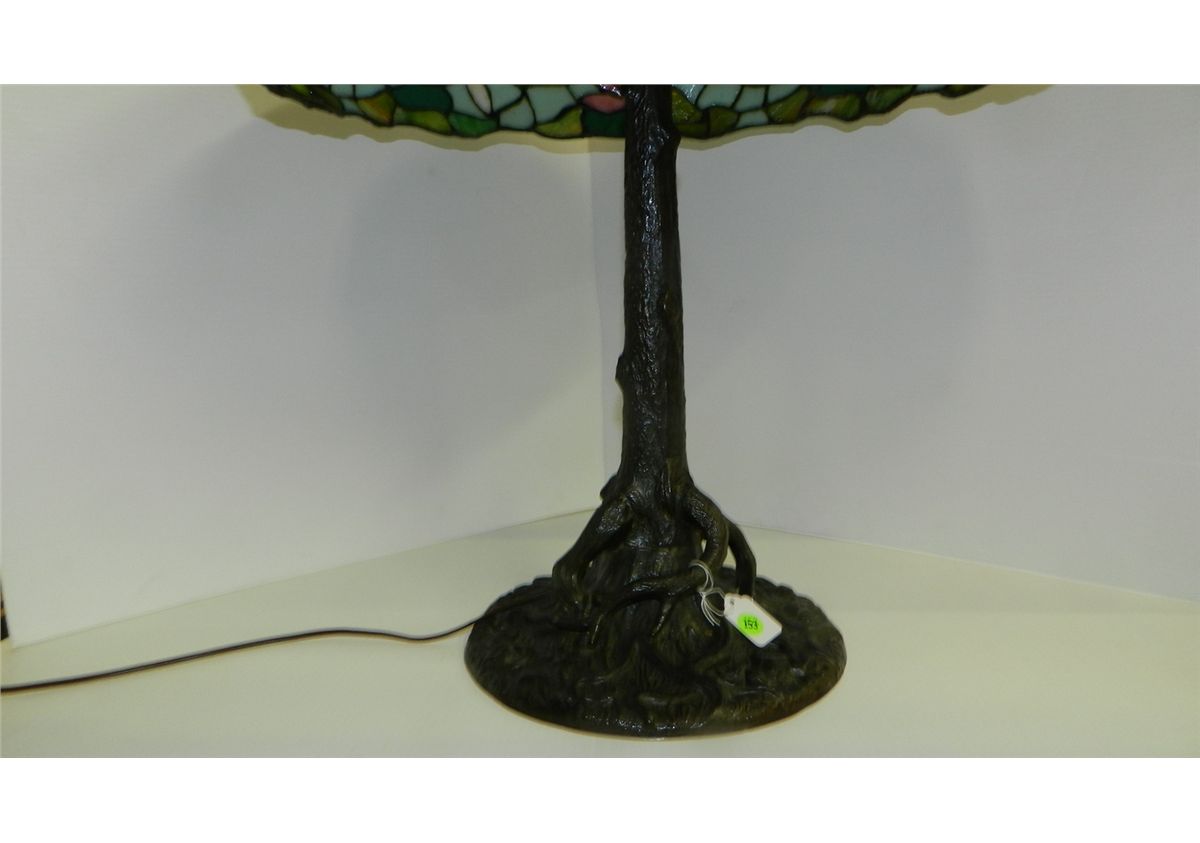 outstanding antique Tiffany style stained glass lamp with bronze tree ...