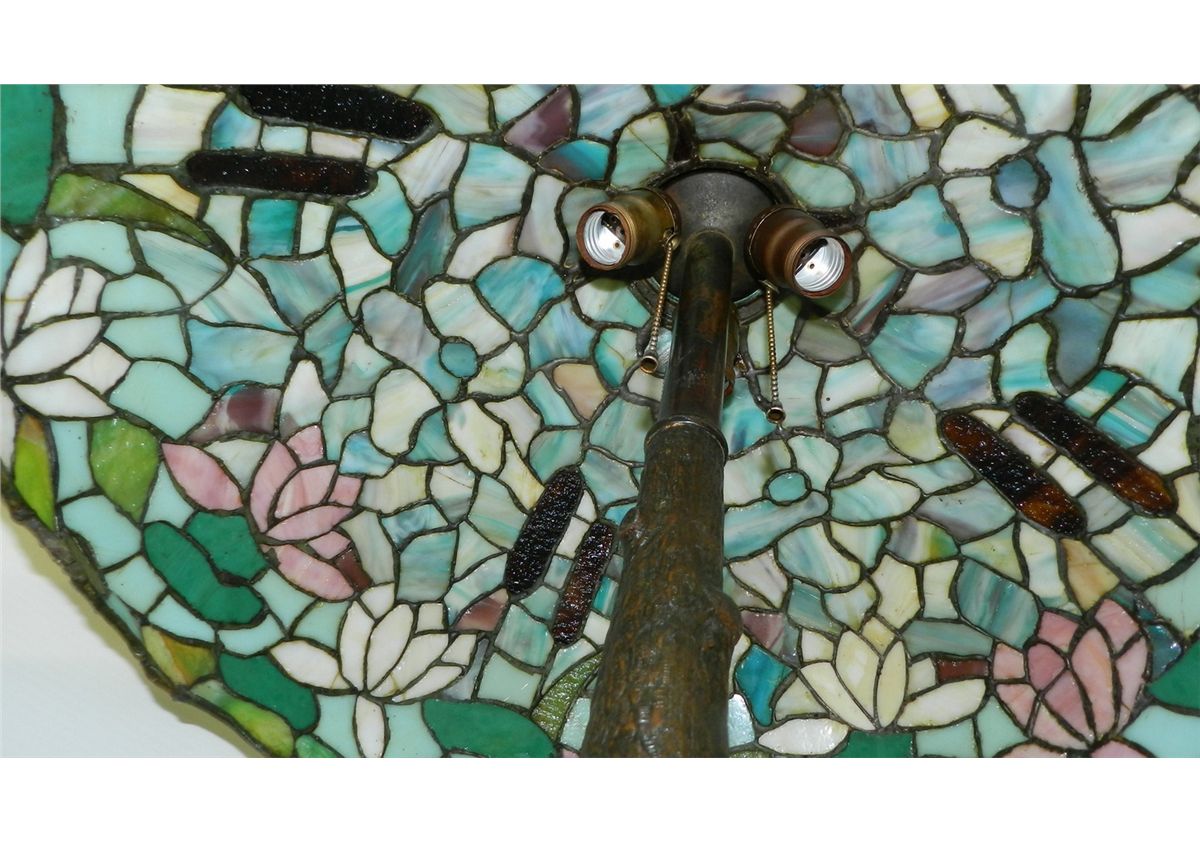 outstanding antique Tiffany style stained glass lamp with bronze tree ...