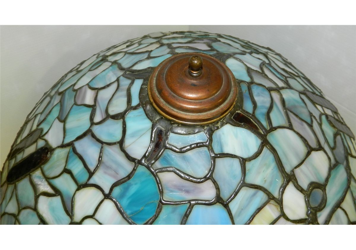 outstanding antique Tiffany style stained glass lamp with bronze tree ...