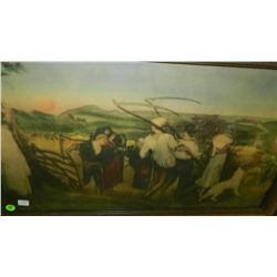 nice hand tinted litho of farm workers in original frame
