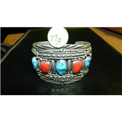 amazing Native American sterling silver and turquoise & coral signed "AC" bracelet