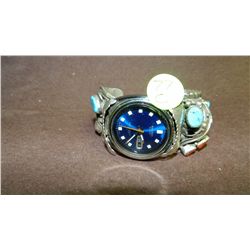 amazing Native American sterling silver and turquoise & coral signed with claw, bracelet / watch ban