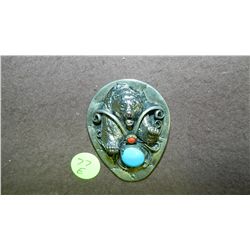 amazing Native American sterling silver? and turquoise & coral signed tie bolo with 3-D bear figure.