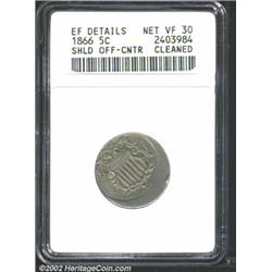 1866 5C Rays Nickel--Off Center, Cleaned--ANACS.