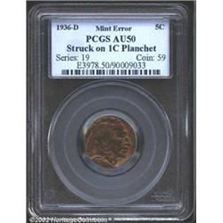 1936-D 5C Nickel--Struck on 1C Planchet--AU50 PCGS.