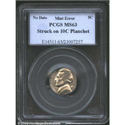 Undated 5C Jefferson Nickel--Struck on 10C Planchet--MS63 PCGS.