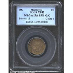 1862 Cent--Double Struck, Second Strike 85% Off Center--XF45 PCGS.