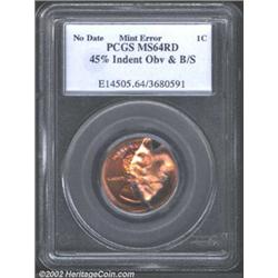 Undated 1C Lincoln Cent--45% Indent on the Obverse and Broadstruck--MS64 Red PCGS. Spectacular mint 