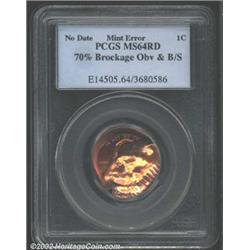Undated 1C Lincoln Cent--70% Brockage on the Obverse and Broadstruck--MS64 Red PCGS. This partial br