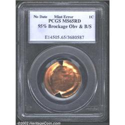 Undated 1C Lincoln Cent--95% Brockage on the Obverse and Broadstruck--MS65 Red PCGS. None of the obv