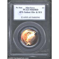 Undated 1C Lincoln Cent--45% Indent on the Obverse and Broadstruck--MS65 Red PCGS. Similar to the ot