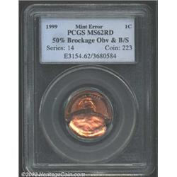 1999 1C Cent--50% Brockage Obverse and Broadstruck--MS62 Red PCGS.
