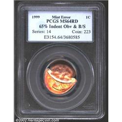 1999 1C Cent--65% Indent on the Obverse and Broadstruck--MS64 Red PCGS.