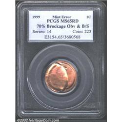 1999 1C Cent--70% Brockage Obverse and Broadstruck--MS65 Red PCGS.