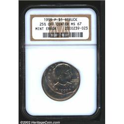 1999-P SBA$ Anthony Dollar--Struck 25% Off Center--MS67 NGC.