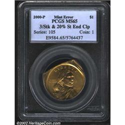 2000-P $1 Sacagawea Dollar--Triple Struck and 20% Straight Edge Clip--MS65 PCGS. Triple struck on a 