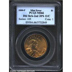 2000-P $1 Sacagawea Dollar--Double Struck, 2nd 20% Off Center--MS66 PCGS.