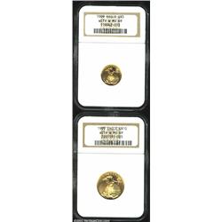 1999-W $5 Tenth-Ounce Gold Eagle--Struck with Unfinished Proof Die--MS69 NGC; and a 1999-W Quarter-O