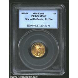 1999-W $5 Tenth-Ounce Gold Eagle--Struck with Unfinished Proof Die--MS67 PCGS. The 1999-W $5 gold bu
