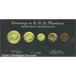 An Uncertified 1936 proof set that is housed in a vintage cardboard holder that has the label "Greet