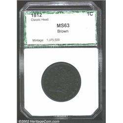 1812 1C Small Date Cent MS63 Brown PCI (AU55 Corroded).
