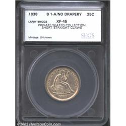 1838 25C No Drapery Seated Quarter XF45 SEGS.