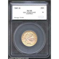 1901-S 25C Quarter AU50 Obverse Scratches, Cleaned SEGS (XF45).