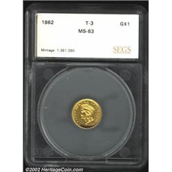 1862 G$1 Gold Dollar MS63 SEGS (MS60 Cleaned).