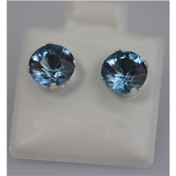 ROUND AQUA CZ STUD EARRINGS .925 STERLING SILVER