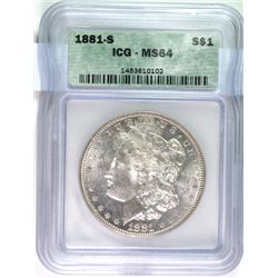 1881-S MORGAN DOLLAR ICG MS64