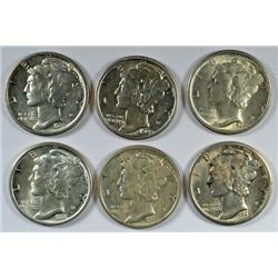 6- DIFFERENT BU MERCURY DIMES (29,34,35,35-D,35-S,36)