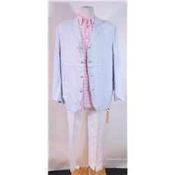 The Birdcage (Nathan Lane) White Stretch Pants, Pink Plaid Shirt, Blue Over Shirt