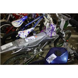 3 BIKES - GREY DIRT BIKE STYLE BIKE, PURPLE NAKAMURA KIDS BIKE, BLUE NAKAMURA KIDS BIKE