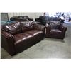 Image 1 : CONTEMPORARY BURGANDY LEATHER SOFA AND CHAIR SET * COUCH IS RIPPED*