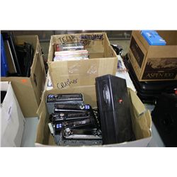 BOX OF CAR STEREOS, DVDS, AND BELL SATELLITE RECEIVER