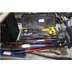 DEWALT SAW AND ASSORTED BOLT CUTTERS ETC
