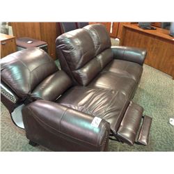 DARK BROWN DUAL RECLINING LEATHER SOFA WITH BRASS TACS