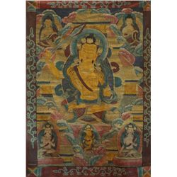 Tibetan Thangkha. Organic and gold paint on silk. Circa late 1800's. 38"x53"