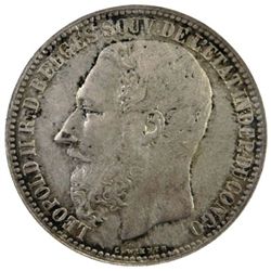 BELGIAN CONGO: Leopold II, 1865-1909, AR 5 francs, 1887