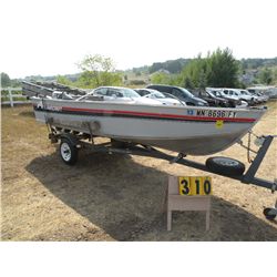 1992 Alumacraft 14 ft boat w/roller bunk trailer, 15hp Johnson Long shaft, Lowrance locator, ACBY555