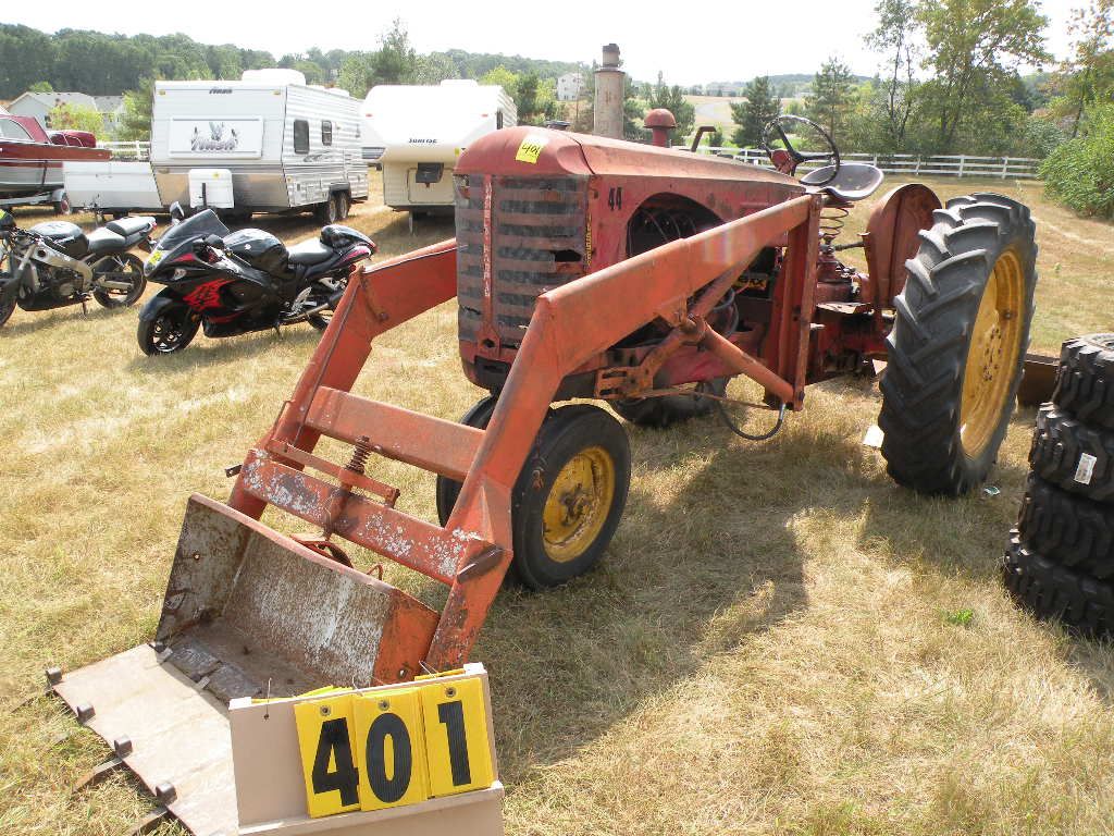 Massey Harris 44 tractor w/ trip bucket loader, weak brakes,