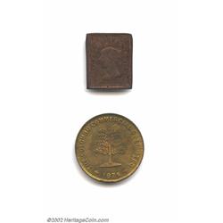 A pair of Ceylon copper tokens including: Pilo Fernando rectangular 2-1/4 d. coffee picker's chit,