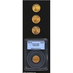 Small gold lot as follows: 10 francs 1911-B,
