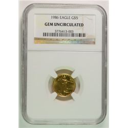 1986 1/10 OZ GOLD AMERICAN EAGLE NGC GEM UNC