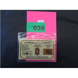 Solid .999 gold American mint bar with Assay card
