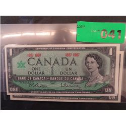 Two,1967 uncirculated Canada one dollar bills