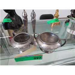 Pewter cream & sugar, silver plate salt & pepper