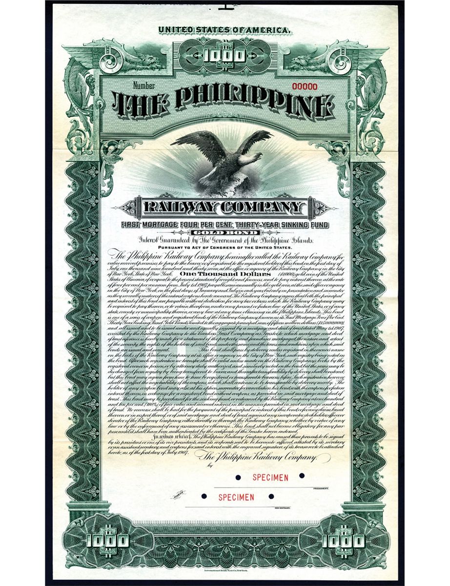 Philippine Railway Company 1907 Specimen Bond