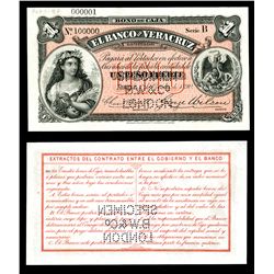 El Banco de Veracruz, 1890 Issue Bono De Caja Specimen.