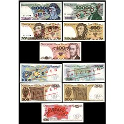 Narodowy Bank Polski, 1974-1986 Issue, Group of 5 Specimen Banknotes